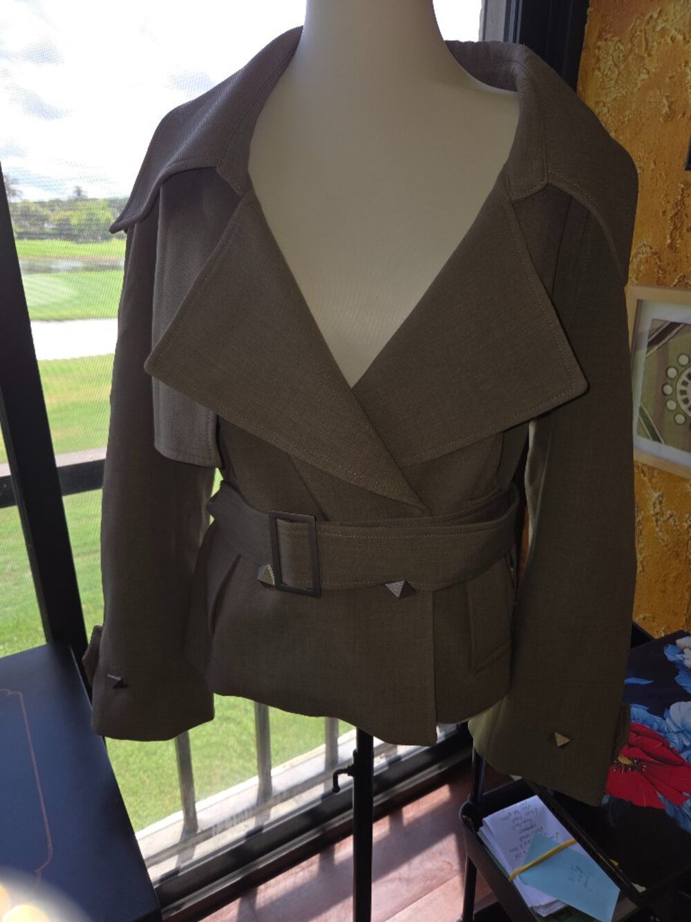 Military Inspired Cropped Double Breasted Trench w/ Rockstud Buttons